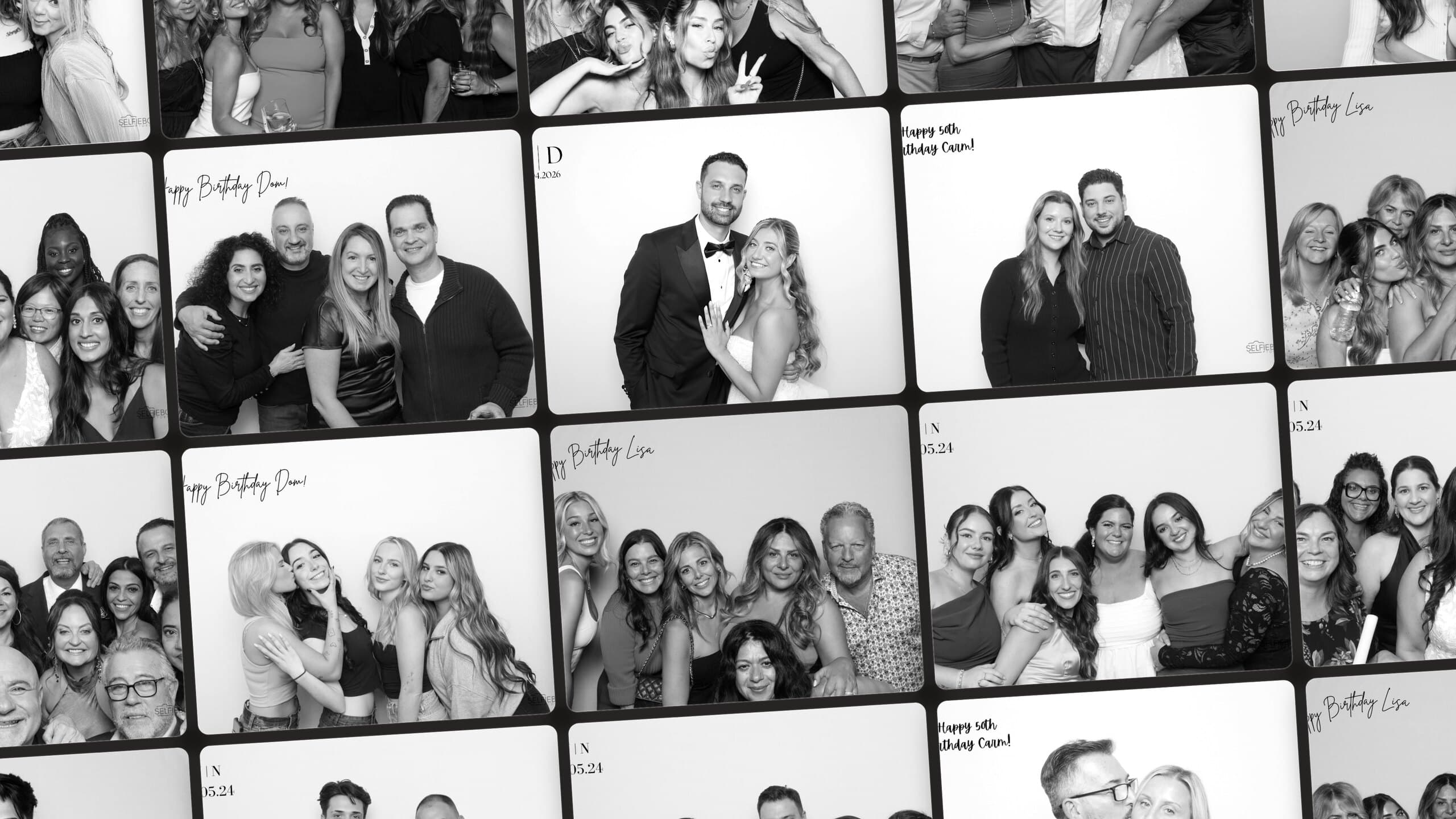 A wall of black-and-white SelfieBooth Toronto photos from real weddings and events